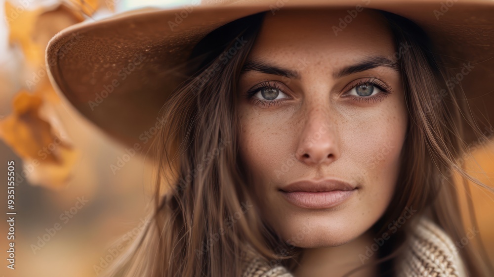A woman, close-up, dons a hat adorned with leaves atop her head Her hair billows in the wind A woman, close-up, dons a hat adorned with leaves atop her head Her hair billows in the wind