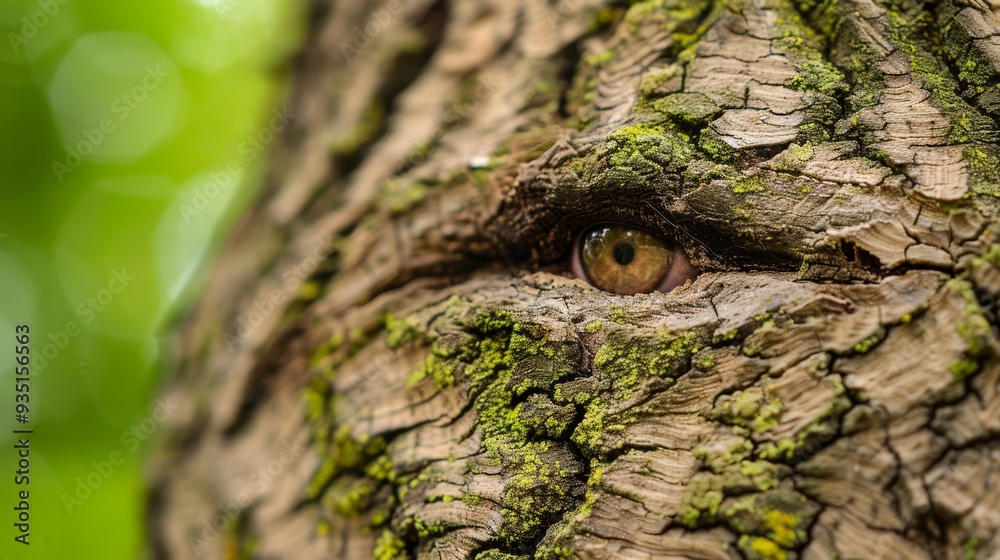 A tight shot of a tree trunk featuring a human eye embedded within A tight shot of a tree trunk featuring a human eye embedded within
