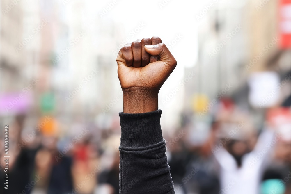 Raised fist in protest amidst crowd for social justice Raised fist in protest amidst crowd for social justice