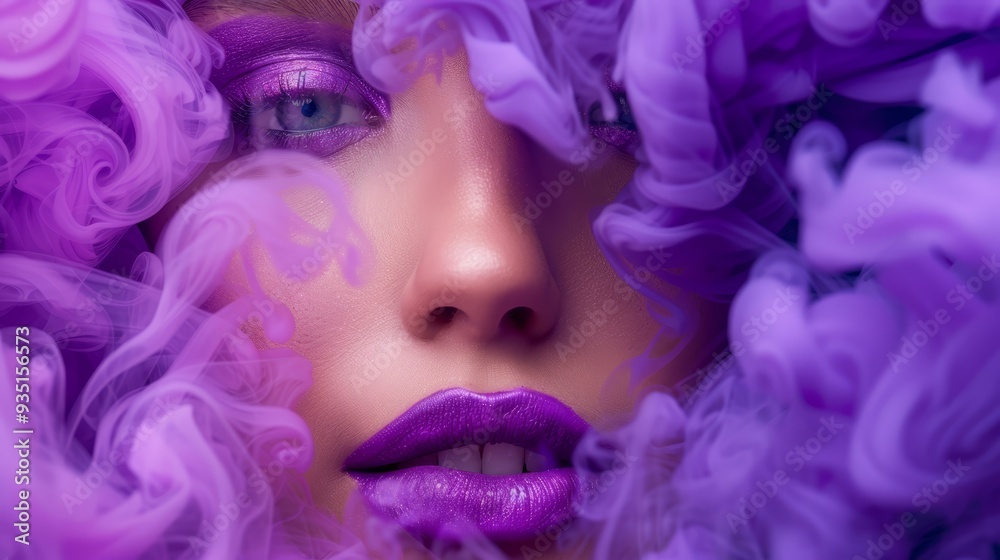 A woman's face, her eyes engulfed in swirling purple smoke, hair billowing in the wind A woman's face, her eyes engulfed in swirling purple smoke, hair billowing in the wind
