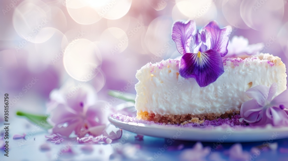  A tight shot of a cake slice on a plate, adorned with a purple flower atop