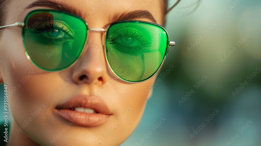 A tight shot of a woman donning green sunglasses, her eyes obscured, mirrors a nearby woman's visage in their lenses A tight shot of a woman donning green sunglasses, her eyes obscured, mirrors a nearby woman's visage in their lenses