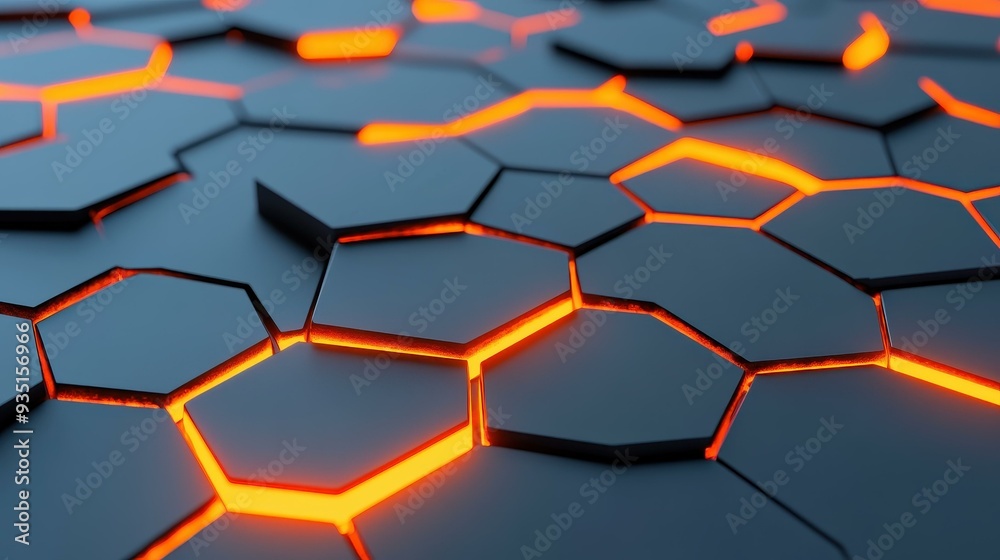 Experience a stunning 3D rendering of a futuristic hexagonal surface adorned with glowing orange cracks set against dark metal. Experience a stunning 3D rendering of a futuristic hexagonal surface adorned with glowing orange cracks set against dark metal.