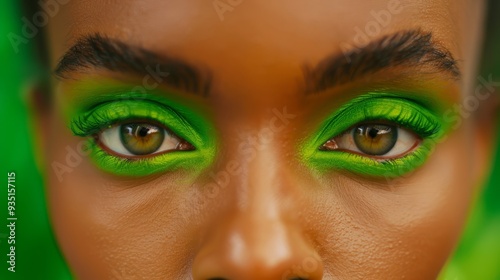 bright green eyeliner lines her eyes, complemented by a glinting green lip ring photo