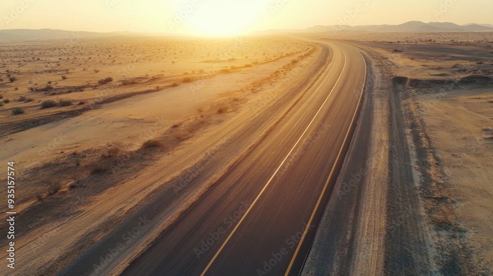 Fototapeta premium asphalt road in the desert at sunset. View from above.