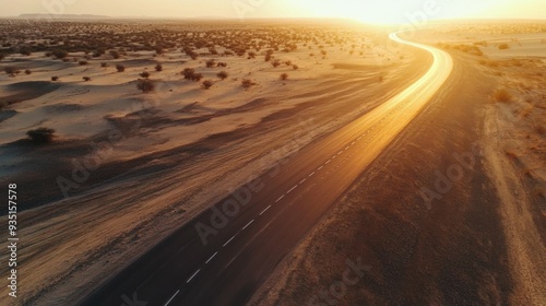 asphalt road in the desert at sunset. View from above.