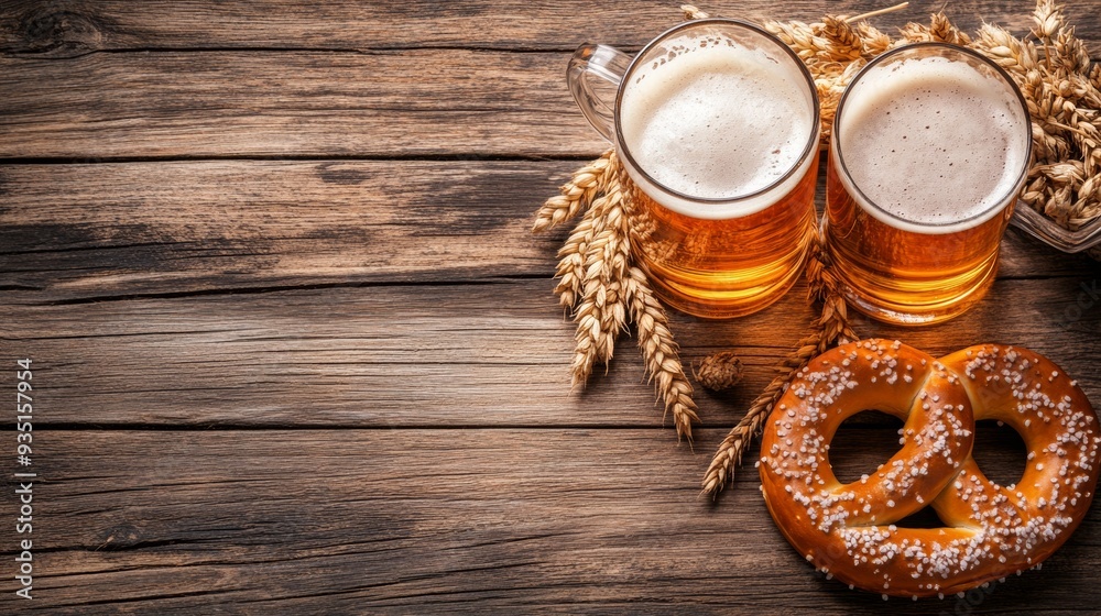 A mug of beer with pretzels and wheat stems A mug of beer with pretzels and wheat stems