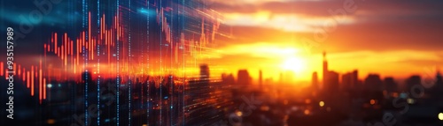 Stunning sunset over a city skyline with financial data overlay, symbolizing growth and investment opportunities.