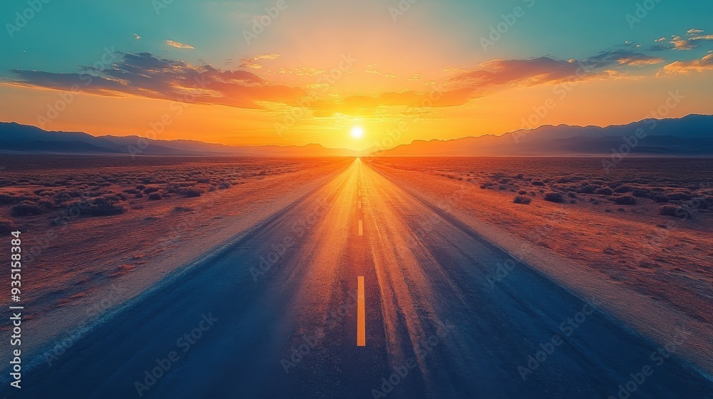 asphalt road in the desert at sunset. View from above. asphalt road in the desert at sunset. View from above.