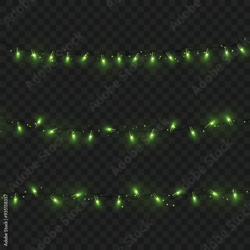 Green string lights on dark background, creating a festive ambiance. Vector