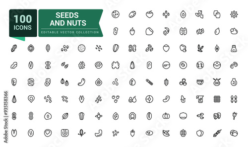 Nuts and seeds icon set. Includes almond, sesame seeds, coffee beans, macadamia. Pixel perfect, minimalistic web and UI icon. Outline icon collections.
