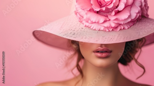  A tight shot of a woman in a pink hat adorned with a big flower on its brim