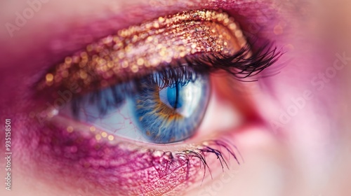  A tight shot of a blue eye adorned with golden glitter on its iris