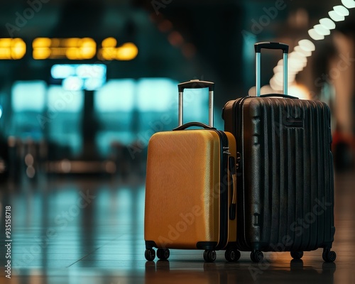 Two stylish suitcases stand in an airport terminal, showcasing modern travel convenience and vibrant design.