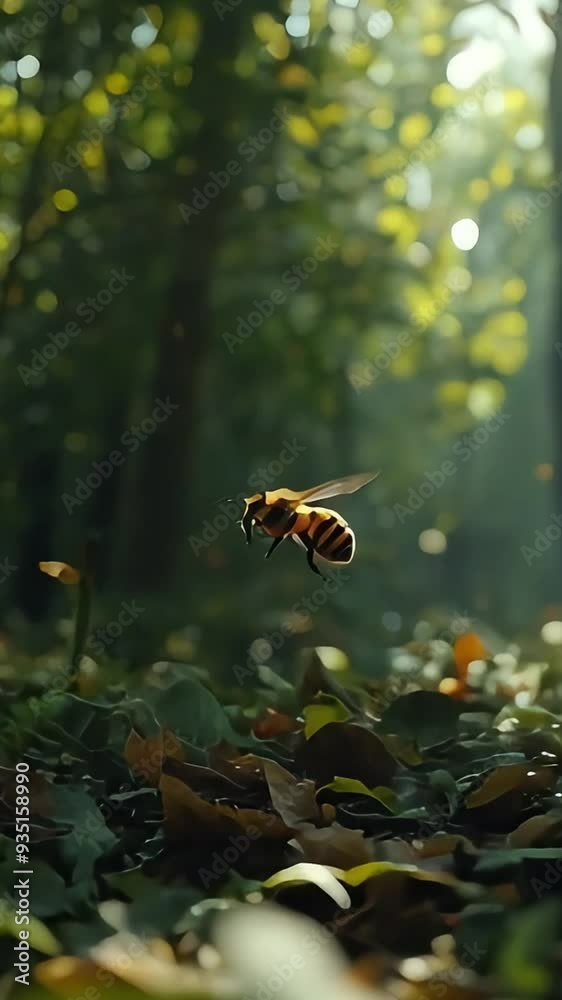 Bees flying in the misty forest. Beautiful nature scene. Bees flying in the misty forest. Beautiful nature scene.