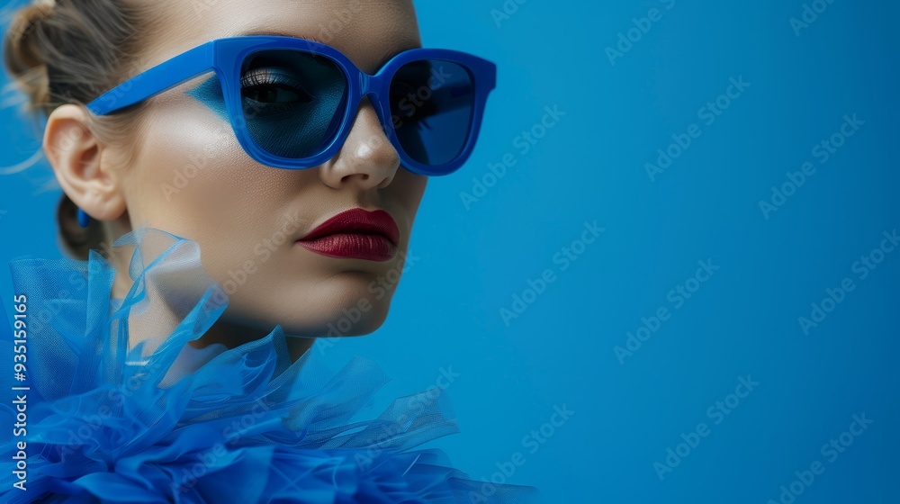 A mannequin dons blue sunglasses and wears a blue dress with frills at the hem A mannequin dons blue sunglasses and wears a blue dress with frills at the hem