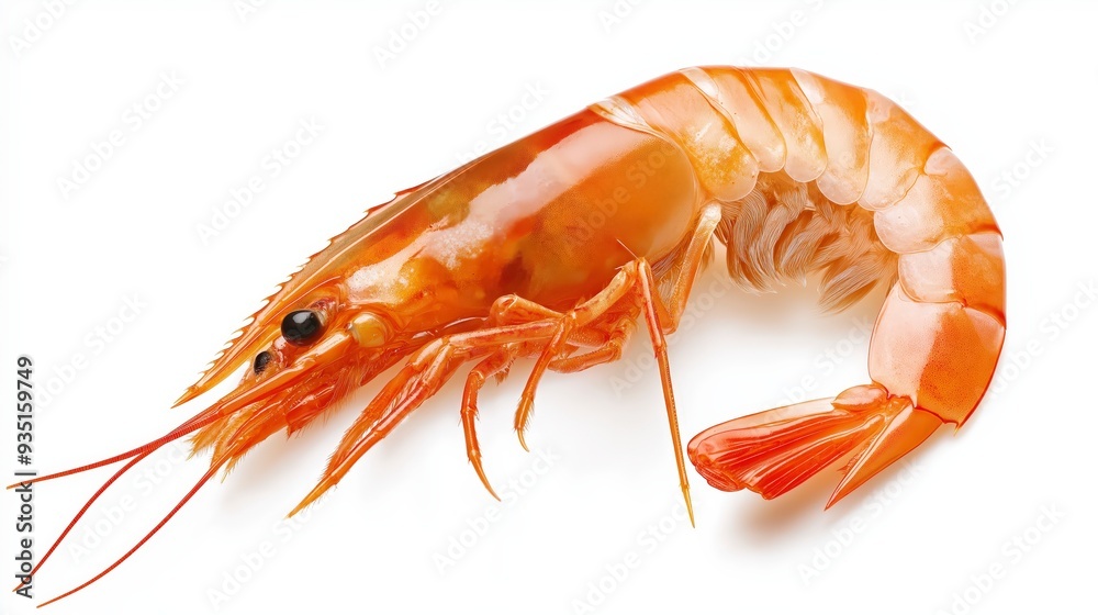 A single, cooked, red shrimp with its legs curled up and its tail extended. It is isolated on a white background. A single, cooked, red shrimp with its legs curled up and its tail extended. It is isolated on a white background.