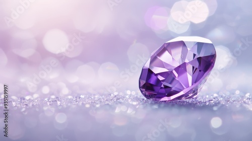  A close-up of a purple diamond glinting on a polished surface against a backdrop of bokeh lights