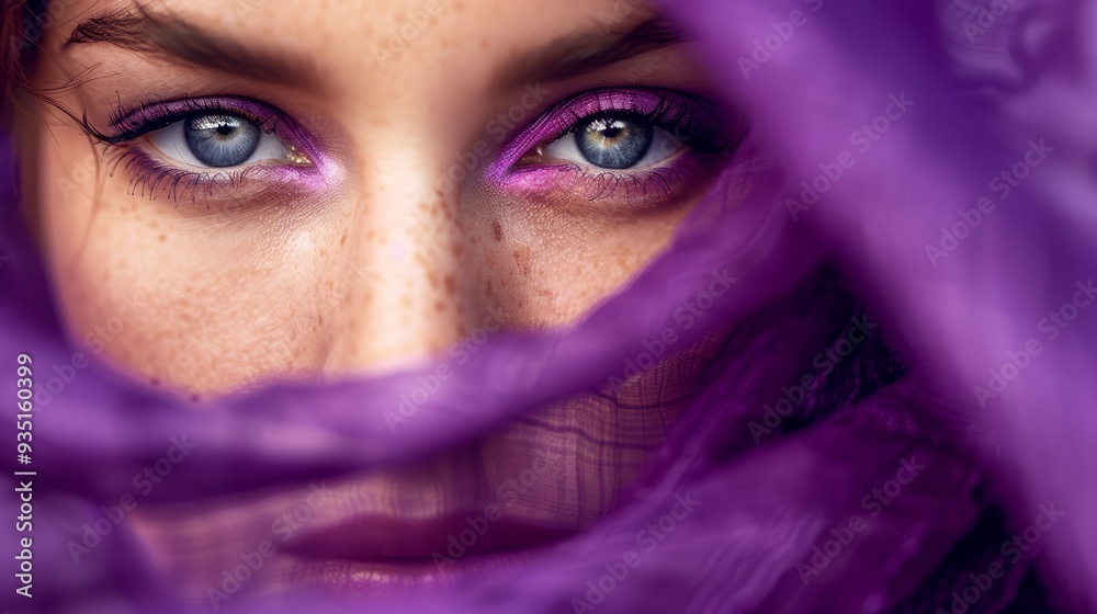 blue eyes peek from beneath a violet veil, hair billows in the wind