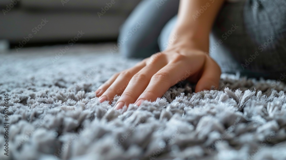 woman chooses carpet. Hand touches soft carpet in a store, close-up woman chooses carpet. Hand touches soft carpet in a store, close-up