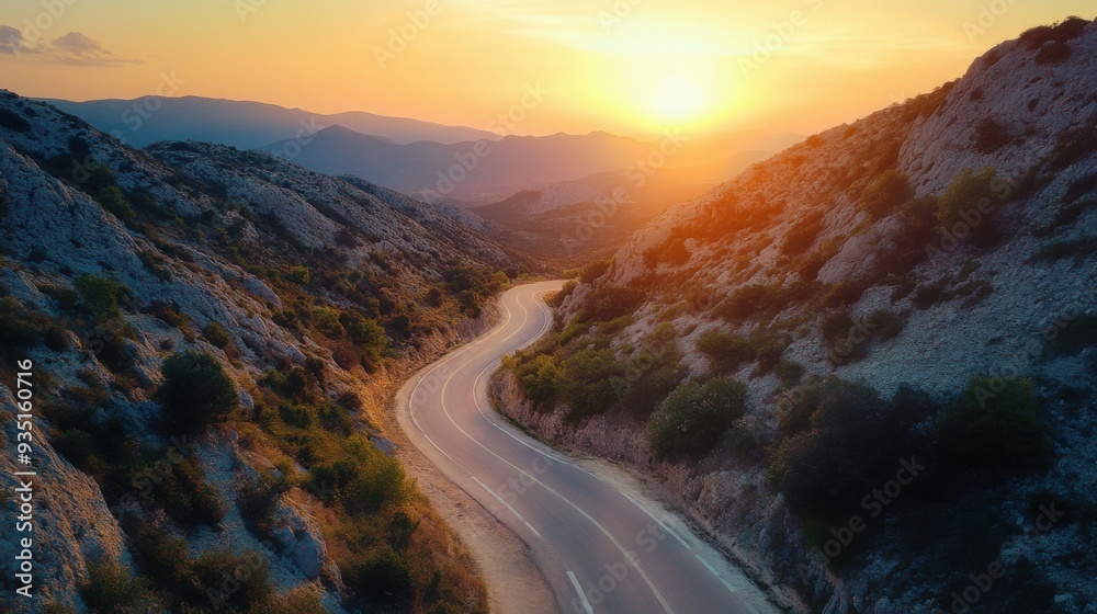 Fototapeta premium mountain road at sunset. Top view.