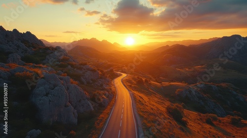 mountain road at sunset. Top view.