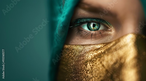gold fabric masks her features, green eyeshade shields her eyes