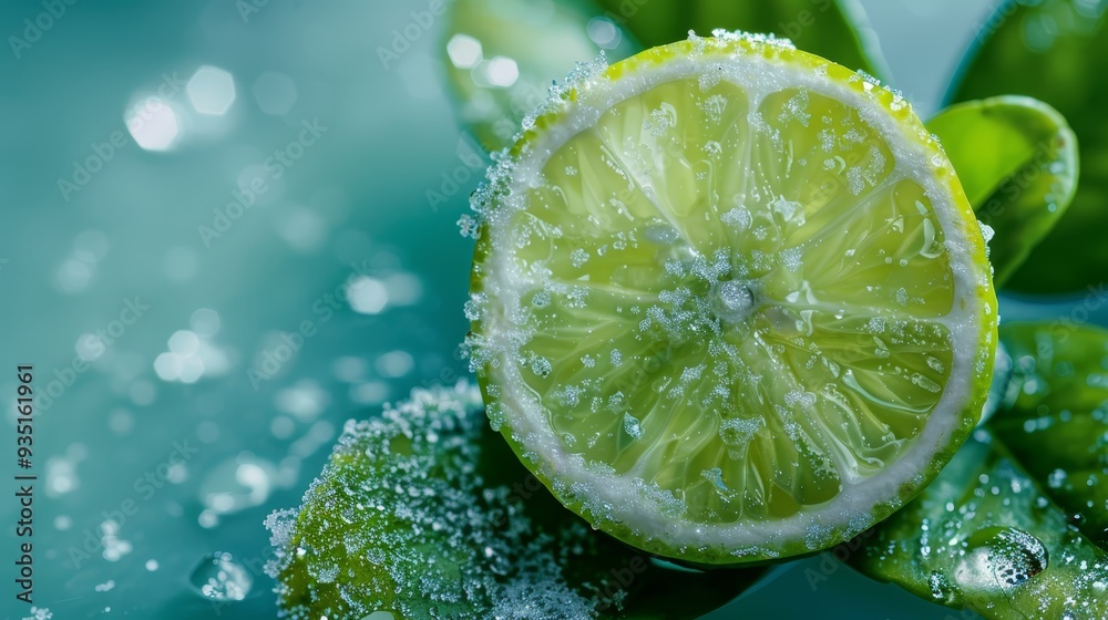 A lime slice atop a moisture-drenched green leaf, speckled with water droplets and frosted ice A lime slice atop a moisture-drenched green leaf, speckled with water droplets and frosted ice