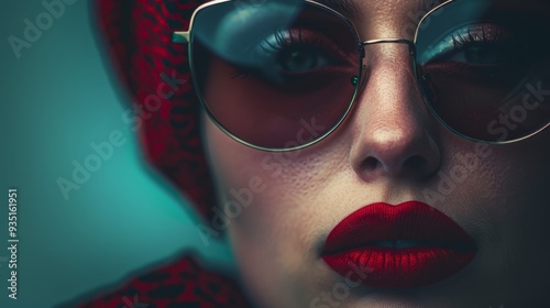  A tight shot of a woman in glasses and a red hat, adorned with a red scarf photo