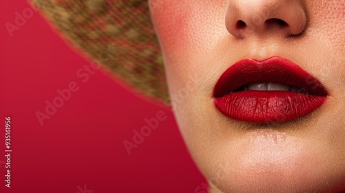  A tight shot of a woman wearing a hat and applying red lipstick to her lips photo