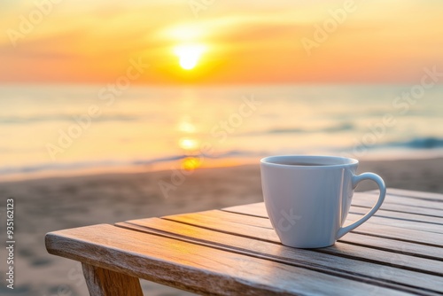 Morning coffee on the beach at sunrise