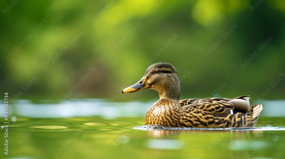 A tight shot of a duck over a murky water body Surrounding scenery of trees blurs softly behind A tight shot of a duck over a murky water body Surrounding scenery of trees blurs softly behind