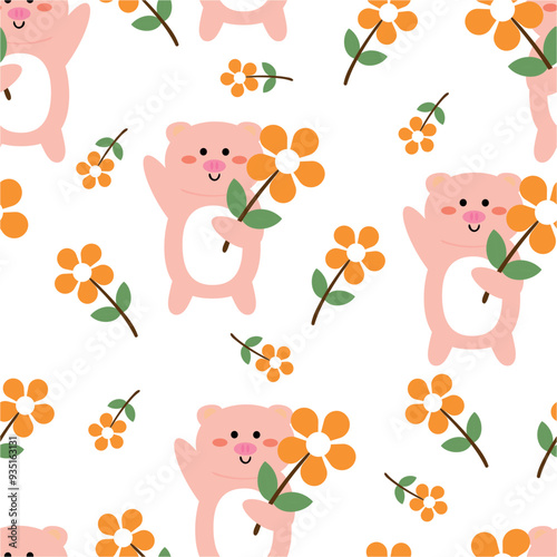 Seamless pattern with cute cartoon pink pigs carrying orange flowers, for fabric prints, textiles, gift wrapping paper. children's flat and colorful style