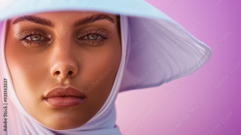 A woman in close-up, wearing a white hat against a purple background A woman in close-up, wearing a white hat against a purple background