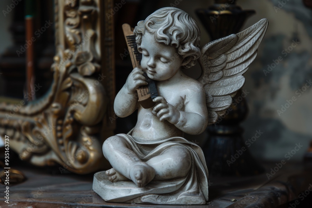 An artistic representation of a baby with a harp, highlighting the beauty of childhood and the joy of music, A small cherub playing with a tiny harp, AI generated An artistic representation of a baby with a harp, highlighting the beauty of childhood and the joy of music, A small cherub playing with a tiny harp, AI generated