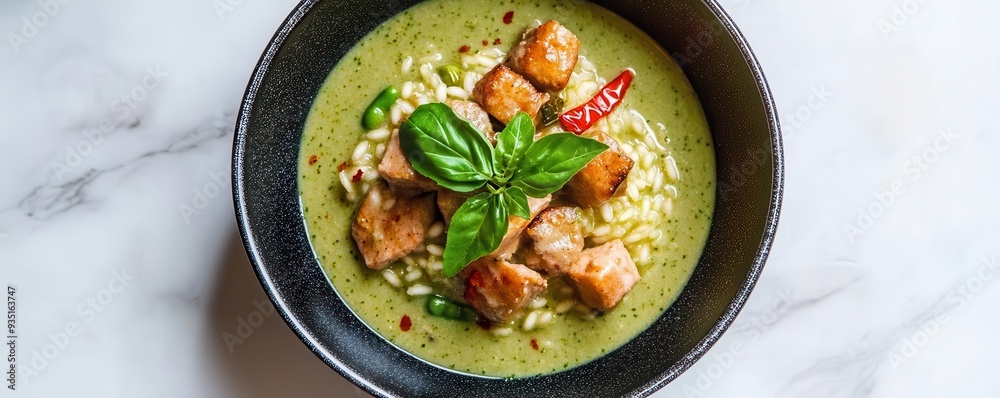 Thai green curry with Italian risotto, open space around the dish for text, dish, cross-cultural food innovation Thai green curry with Italian risotto, open space around the dish for text, dish, cross-cultural food innovation