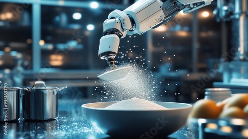 Fototapeta Naklejka Na Ścianę i Meble -  A robotic arm skillfully pours sugar into a bowl, showcasing the fusion of technology and cooking. This image captures the future of food preparation in a sleek, modern kitchen. AI