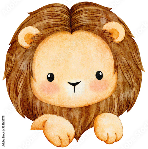 Watercolor Illustration cute lion playing for Nursery Decor photo