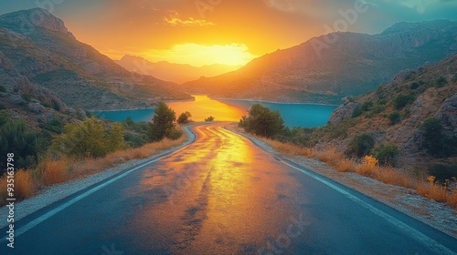 photo of a narrow asphalt road in a mountainous area.