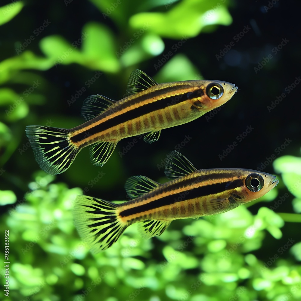 Zebra danio zipping through a planted tank, their stripes creating a playful pattern, Zebra danio, playful movement Zebra danio zipping through a planted tank, their stripes creating a playful pattern, Zebra danio, playful movement