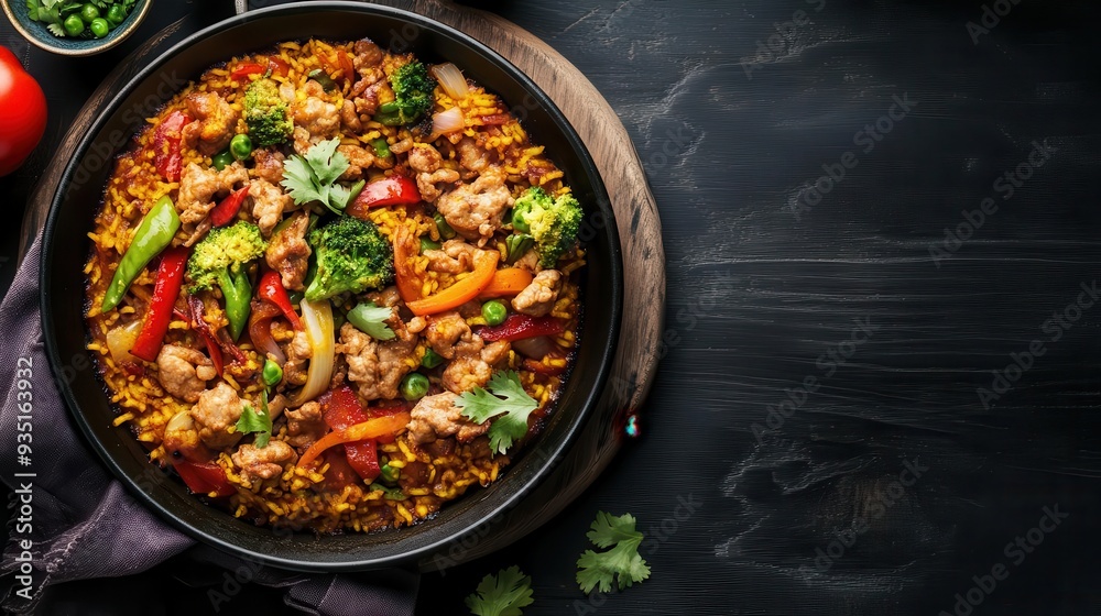 Spanish paella with Asian stir-fry, large blank area for text, dish, culinary world fusion Spanish paella with Asian stir-fry, large blank area for text, dish, culinary world fusion