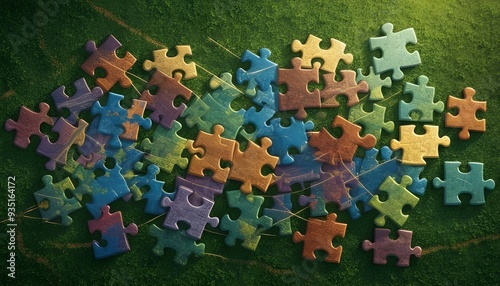 colorful puzzle pieces on green background photo