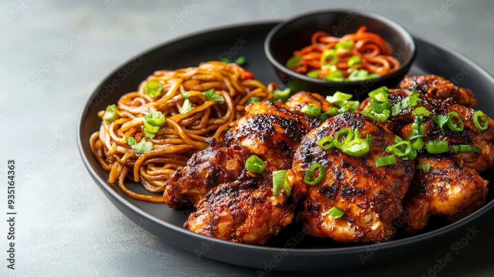 Caribbean jerk chicken served with Asian stir-fried noodles, food, cross-cultural cuisine Caribbean jerk chicken served with Asian stir-fried noodles, food, cross-cultural cuisine