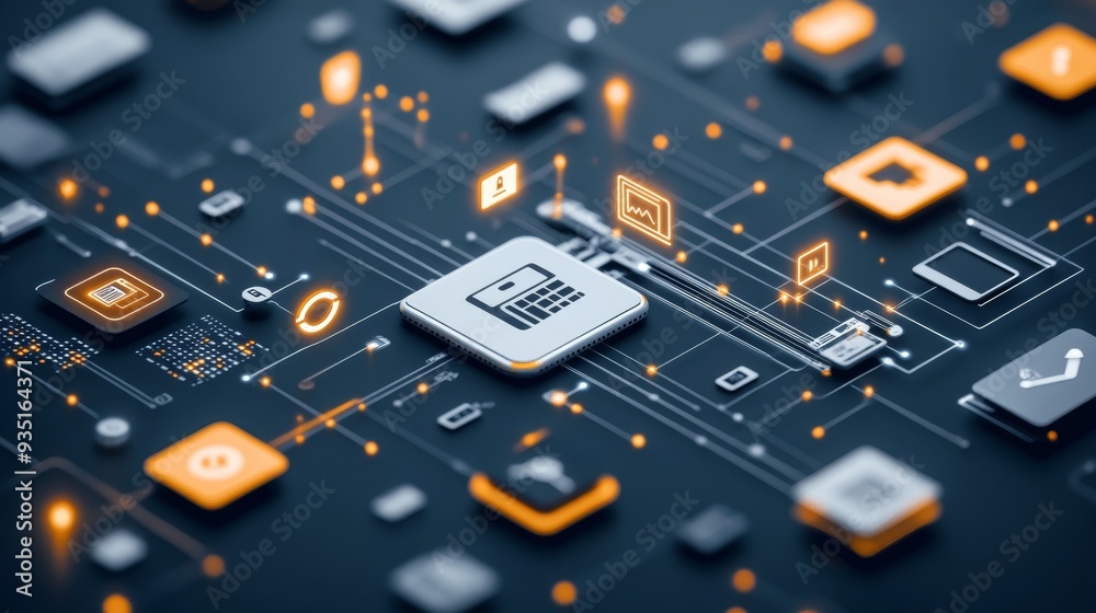 Futuristic digital interface featuring interconnected icons and circuits, symbolizing technology and innovation in a modern design. Futuristic digital interface featuring interconnected icons and circuits, symbolizing technology and innovation in a modern design.