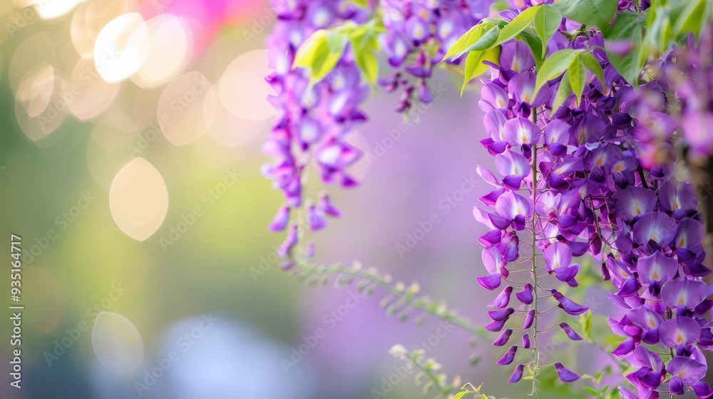 A tight shot of multiple purple blossoms adorning a tree, with a soft, blurred backdrop of golden sunlight A tight shot of multiple purple blossoms adorning a tree, with a soft, blurred backdrop of golden sunlight