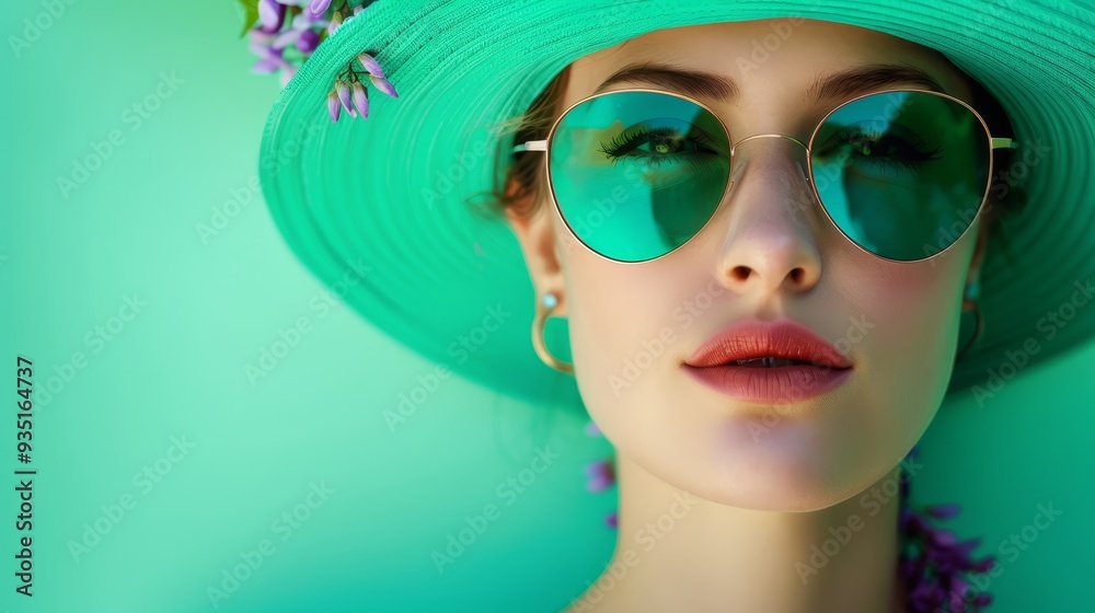 Fototapeta premium A women in a green hat adorned with flowers, wears sunglasses, against a lush green background