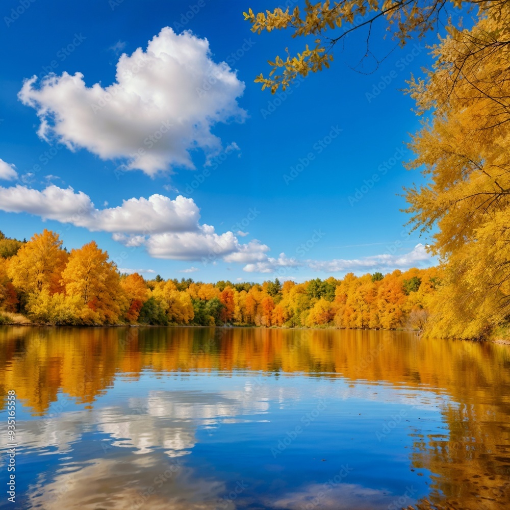 A serene autumn scene with golden trees reflected in a calm lake, ideal for nature and travel photography. A serene autumn scene with golden trees reflected in a calm lake, ideal for nature and travel photography.