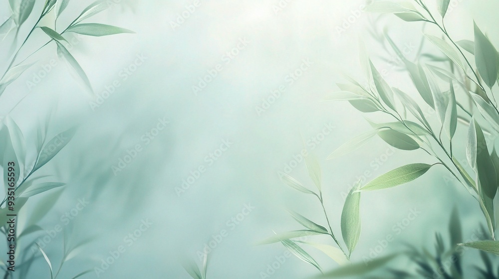 Obraz premium Dreamy Green Branches: A soft, ethereal image of green branches emerging from a misty background, with a gentle glow of light. 