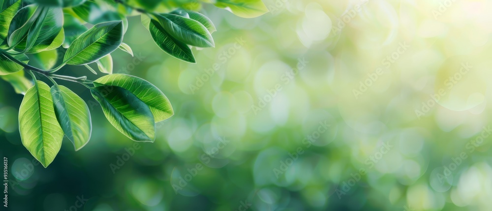 Obraz premium Close-up of a tree branch filled with sunlit leaves against blurred green foliage background