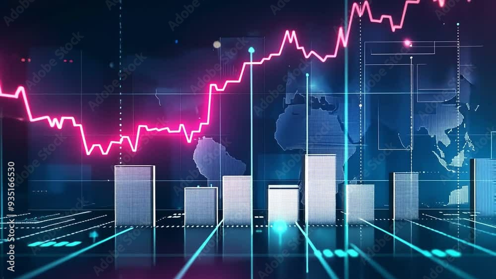 Abstract glowing stock market trading graph chart with digital data interface for business analysis, finance, and investment concept.